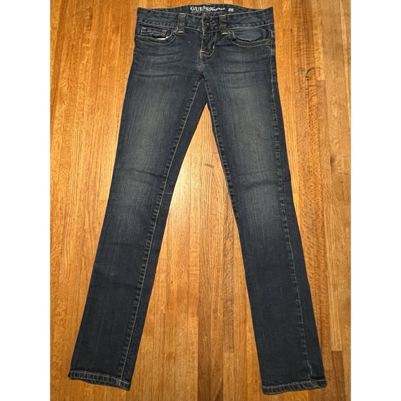 Guess Jeans Sz 27 Dark Blue Daredevil Skinny Leg‎ Whisker Sandblast Faded Jeans - Picture 1 of 5